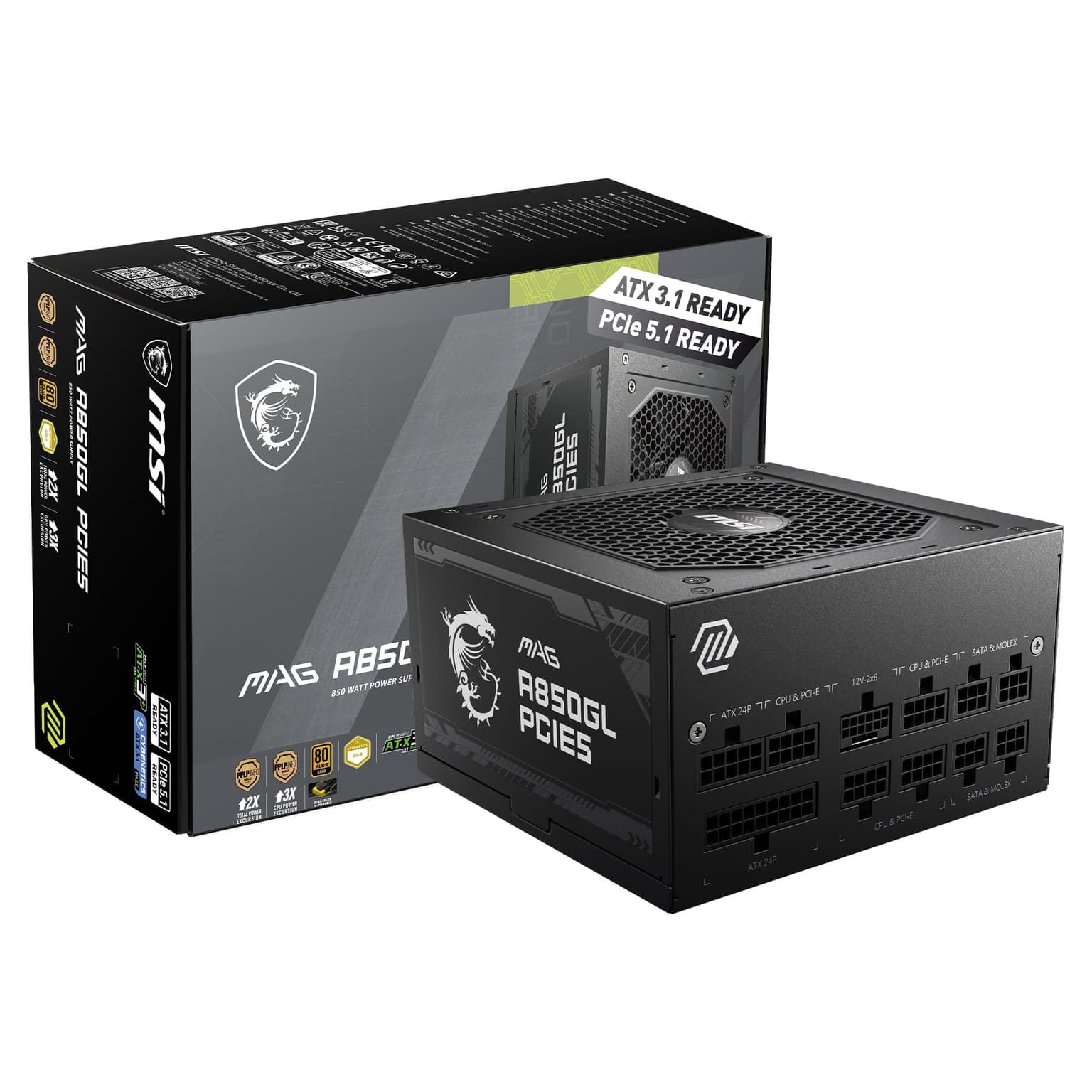 MSI - MAG A850GL PCIE5 850W ATX 3.1 &PCIe 5.1 Ready Full Modular 80 Plus Gold Gaming Power Supply - Black