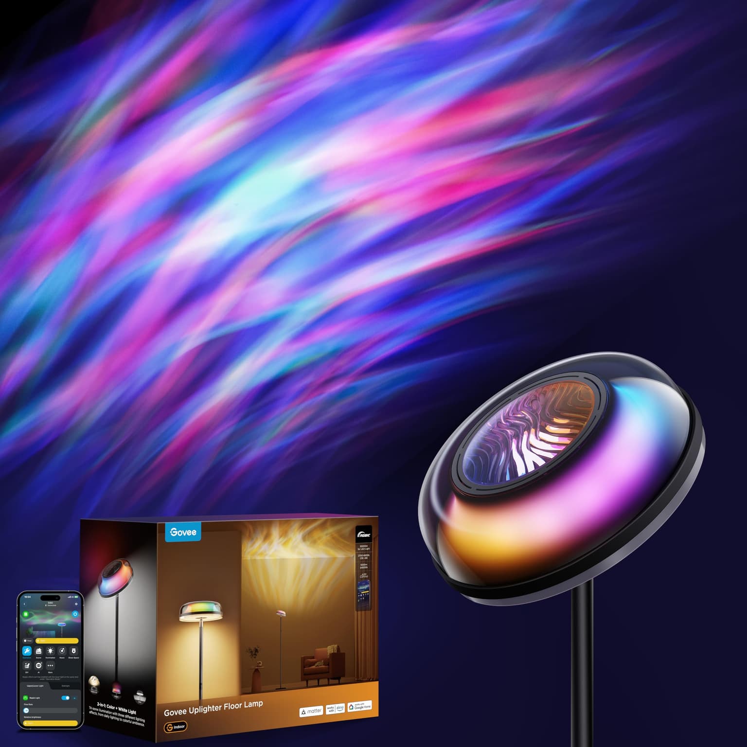 Govee Uplighter Floor Lamp for Living Room, RGBIC Ripple Projector, Floor Lamp for Bedroom Works with Matte...